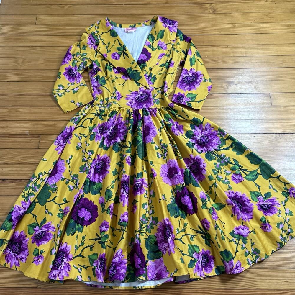 Pinup Couture Birdie Dress Mustard Purple Floral 1950s Retro Rockabilly L